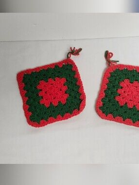 Handmade Crochet Granny Square Potholders in Red & Green